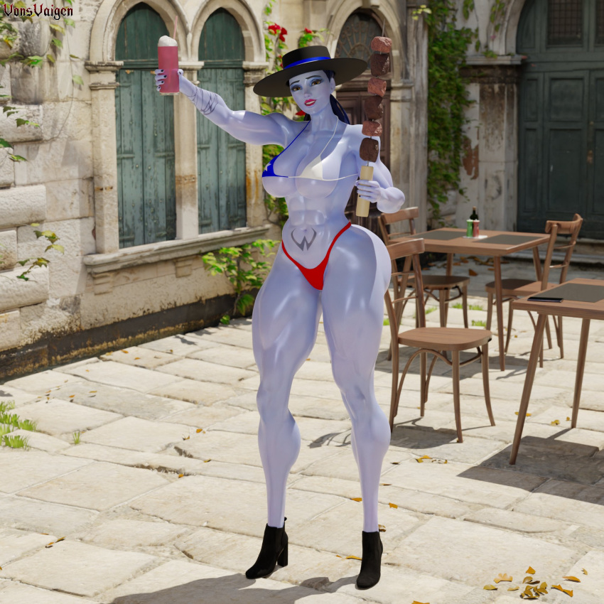 1girls 3d abs amelie_lacroix ass big_ass big_breasts bikini blizzard_entertainment breasts chile chilean_flag chilean_flag_bikini female female_only fit fit_female high_heels looking_at_viewer overwatch overwatch_2 ponytail purple_hair purple_skin skimpy_bikini skimpy_swimsuit skimpy_swimwear solo swimsuit tattoo thick_thighs thong vonsvaigen wide_hips widowmaker yellow_eyes