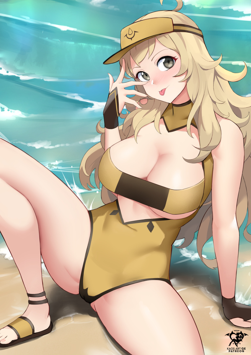 1girls :p aged_up ahoge alternate_costume arm_support artist_name bare_shoulders beach blonde_hair breasts cleavage commentary female fingerless_gloves fingernails fire_emblem fire_emblem_fates gloves grey_eyes highres kaos_art knee_up large_breasts light-skinned_female light_skin long_hair nintendo one-piece_swimsuit ophelia_(fire_emblem) outdoors patreon_username sandals sitting smile solo spread_legs swimsuit thick_thighs thighs tongue tongue_out underboob visor_cap water wavy_hair wide_hips yellow_headwear yellow_one-piece_swimsuit yellow_swimsuit