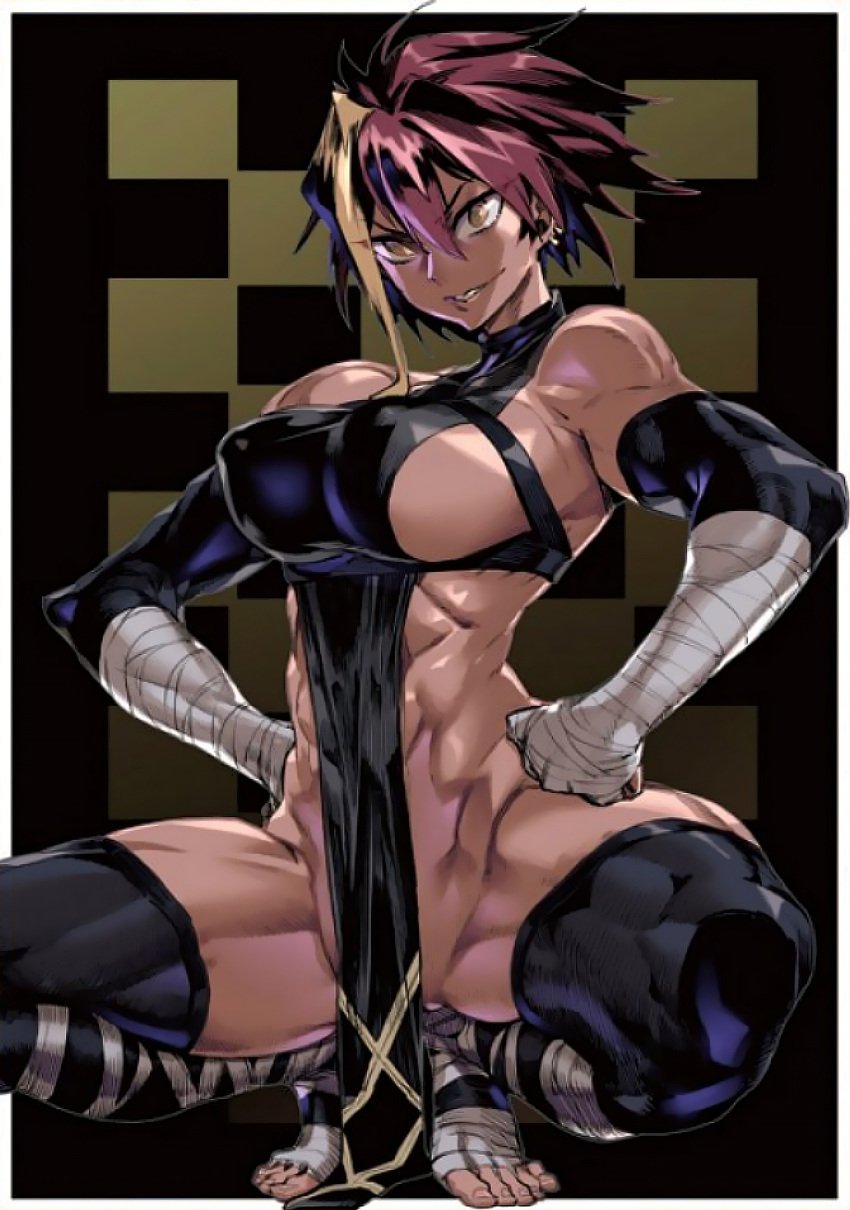 1girls big_breasts dark-skinned_female dark_skin feet hands_on_hips hazel_eyes leggings marle_barrock muscle_girl official_art reincarnation_colosseum ripped solo squatting tagme thick_thighs tomboy yellow_eyes zunta