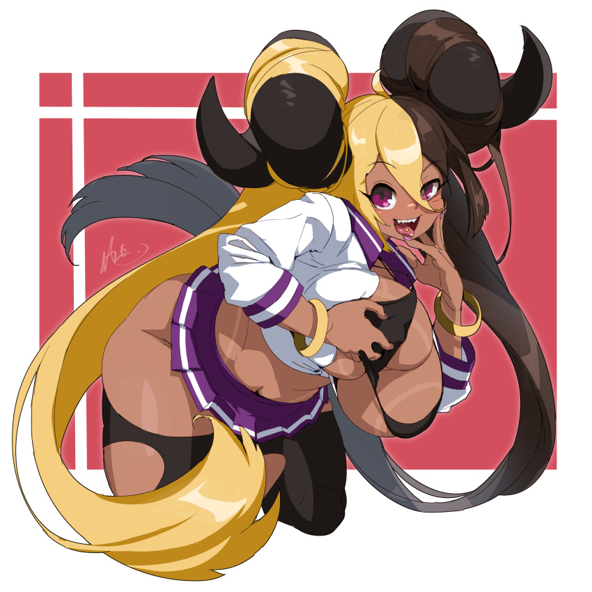 1girls aife_(zanamaoria) bent_over big_breasts big_horns black_thighhighs blonde_hair bracelet breast_grab breast_squeeze brown_hair curved_horns dark-skinned_female dark_skin female female_only grabbing_own_breast gyaru hair_on_horn horns long_hair looking_at_viewer miniskirt naze open_mouth pink_eyes smiling smiling_at_viewer solo succubus tanline thighhighs tongue_out tongue_piercing torn_thighhighs two_tone_hair very_high_resolution voluptuous