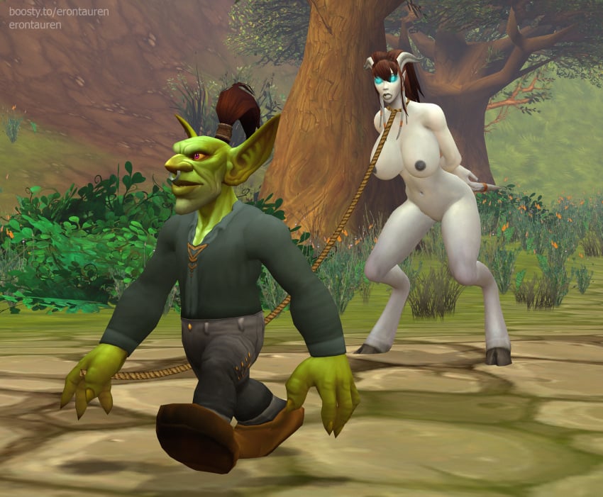 blizzard_entertainment draenei duo erontauren female goblin goblin_male hi_res humanoid male male/female rope warcraft