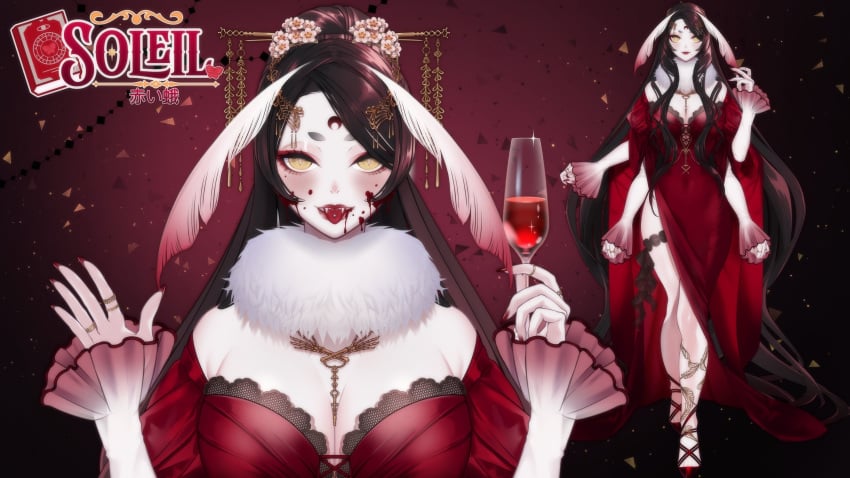 1girls 4_arms brown_hair fangs feather_necklace full_body gradient_background large_breasts long_hair moth mouth_piercing multi_arm multi_limb red_background red_dress ring smile soleil_(vtuber) tongue_out virtual_youtuber wine_glass yellow_eyes