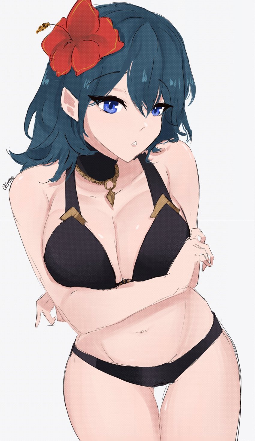 1girls 2023 alternate_costume artist_name bikini black_bikini black_swimsuit blue_eyes blue_hair byleth_(female)_(summer)_(fire_emblem) byleth_(fire_emblem) byleth_(fire_emblem)_(female) cleavage female female_only fire_emblem fire_emblem:_three_houses fire_emblem_heroes flower hair_flower highres large_breasts light-skinned_female light_skin looking_at_viewer nintendo official_alternate_costume serafineart1001 solo sweat watermark