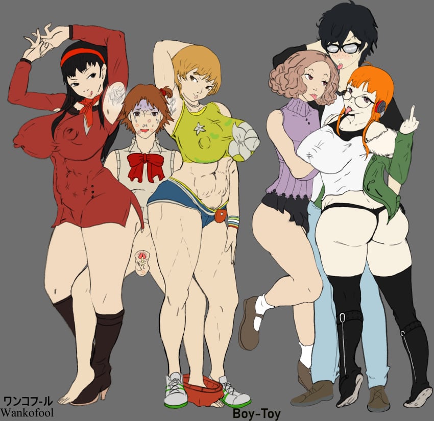 2boys 4girls amagi_yukiko bigger_male black_hair femboy femdom hairy_armpits hanamura_yousuke haru_okumura kiss_mark lipstick_mark middle_finger multiple_girls orange_hair penis persona persona_4 persona_5 rainbow_party ren_amamiya sakura_futaba satonaka_chie stinky thick_ass thick_thighs tongue_out wankofool