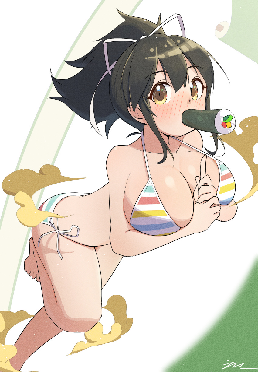 1girls absurdres asuka_(senran_kagura) barefoot bikini black_hair blush breasts brown_eyes cleavage collarbone ehoumaki emma_(3one3o) female fish food food_in_mouth hair_ribbon hand_gesture hand_sign happy_birthday highres kuji-in kunoichi large_breasts looking_at_viewer makizushi micro_bikini multicolored_bikini multicolored_clothes multicolored_stripes ninja nose_blush phallic_symbol ponytail rainbow_bikini ribbon rice scroll senran_kagura senran_kagura_shoujo-tachi_no_shin'ei sexually_suggestive short_hair short_ponytail side-tie_bikini_bottom simple_background smoke solo string_bikini striped striped_bikini sushi swimsuit white_background white_ribbon