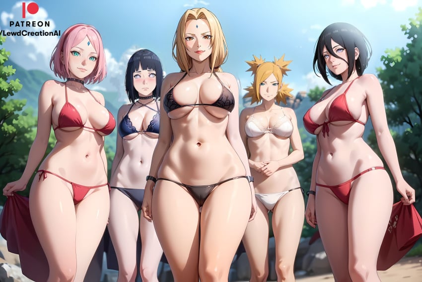 5girls ai_generated arms_behind_back beach big_breasts bikini bikini_bottom bikini_top black_hair blonde_female blonde_hair blonde_hair_female blush blush_lines blushing_at_partner blushing_at_viewer boruto:_naruto_next_generations cameltoe cleavage cleavage_overflow dark_hair dominant dominant_female embarrassed female female_only forehead_gem forehead_jewel forehead_mark from_below green_eyes hair_between_eyes hair_ornament huge_breasts human hyuuga_hanabi hyuuga_hinata lewdcreationsai looking_at_viewer looking_down looking_down_at_viewer multiple_girls naruto naruto:_the_last naruto_(classic) naruto_(series) navel outdoors pink_hair sakura_haruno sideboob smile smiling smiling_at_viewer smirk smirking string string_bikini string_panties swimwear temari thick_thighs thighs tsunade underboob