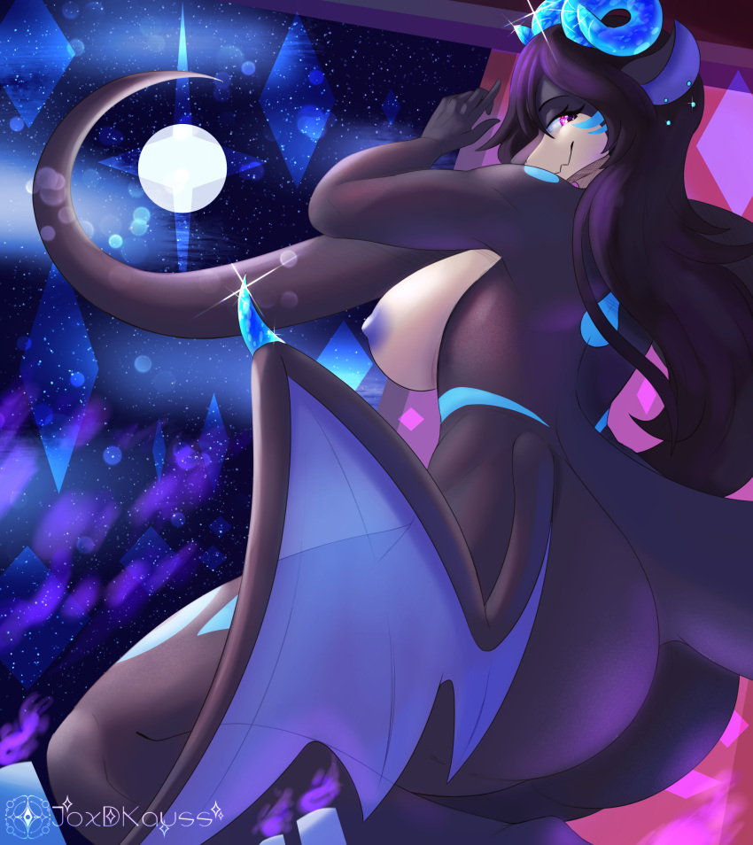 5_fingers anthro ass big_breasts big_butt black_body blue_markings breasts digital_media_(artwork) dragon female fingers gem hair hi_res horn jewelry joxdkauss long_hair looking_at_viewer markings nipples nude purple_eyes simple_background smile solo tail thick_thighs wings