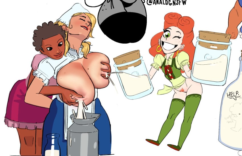 apron big_breasts blonde_hair breast_squeeze breastmilk breasts brown_hair canister cowboy_hat dark-skinned_female earrings female freckles freckles_on_face hat jar jeans lactating lactation large_breasts lipstick milk milking multiple_girls no_panties orange_hair pubic_hair reach_around shirt shoes short_hair skirt thighhighs unbuttoned_shirt whiteflagman wink yuri