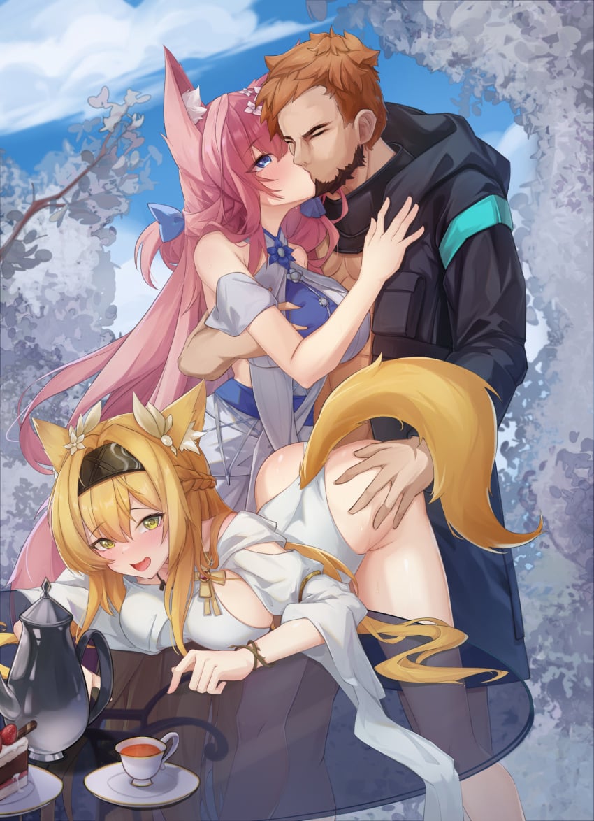 1boy 2023 2girls animal_ear_fluff animal_ears arknights beard blonde_hair blonde_hair blue_eyes blush cat_ears catgirl coat doctor_(arknights) doggy_style doggy_style flower_in_hair heidi_(arknights) hi_res horn_(arknights) kemonomimi kissing light-skinned_female light_skin long_hair open_mouth outdoors outside pink_hair sktre12 smile standing standing_sex tail vaginal_penetration vaginal_penetration wolf_ears wolf_girl wolf_tail yellow_eyes