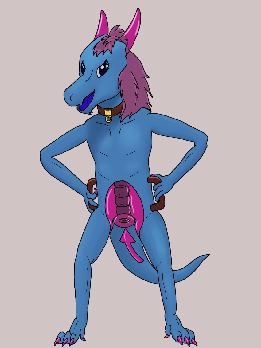 absurd_res anthro arrow_marking astral_kobold blue_body blue_eyes blue_scales claws collar digitigrade female flat_chested genitals hair handles handles_on_hips hands_on_hips hi_res holding_handles horn humanoid ida_(astral_kobold) kobold living_onahole living_sex_doll looking_at_viewer markings nude pink_claws pink_hair pink_horn pussy scales scalie sex_toy_transformation solo tail translucent translucent_body_parts translucent_horn