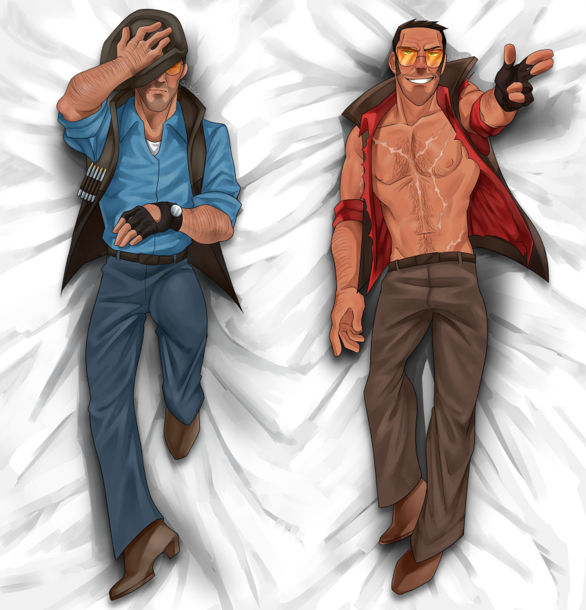 bara_tits bed_sheet bedroom dakimakura muscular_male no_visible_genitalia scars scars_on_chest silodise sniper_(team_fortress_2) solo_male team_fortress_2