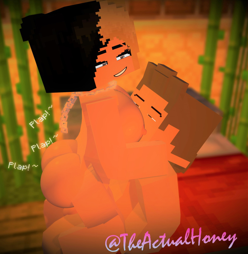 1boy 1girls big_ass big_breasts big_butt black_and_blonde_hair honey_(tah) mine-imator minecraft riding_penis sucking_nipples theactualhoney