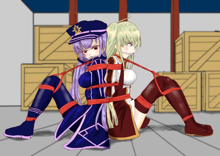 2girls arms_behind_back bondage bound_together duel_monster female femsub multiple_girls multiple_subs rope sky_striker_ace_raye sky_striker_ace_roze tied_up yu-gi-oh!