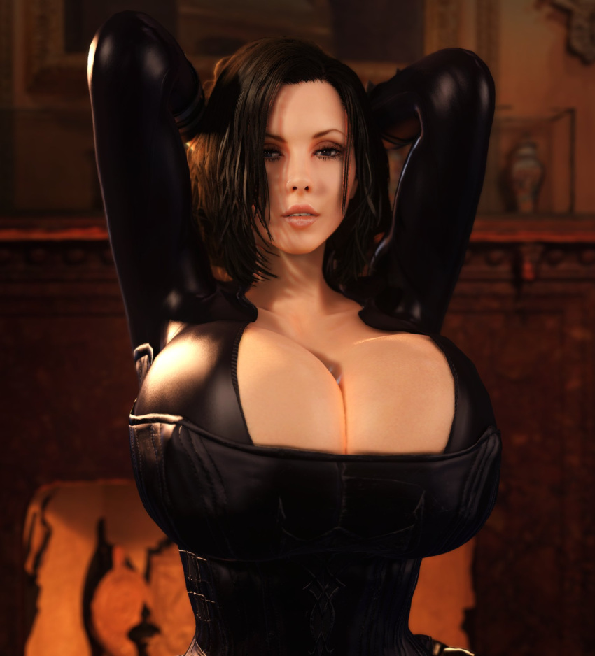 1girls 3d 3d_(artwork) alternate_breast_size barely_contained black_bodysuit black_hair bodysuit boob_window breasts breasts_bigger_than_head cleavage corset enormous_breasts female female_only gigantic_breasts hands_behind_head hourglass_figure huge_breasts kate_beckinsale looking_at_viewer selene_(underworld) small_waist solo solo_female thin_waist top_heavy underworld vaako vampire vampire_girl wide_hips