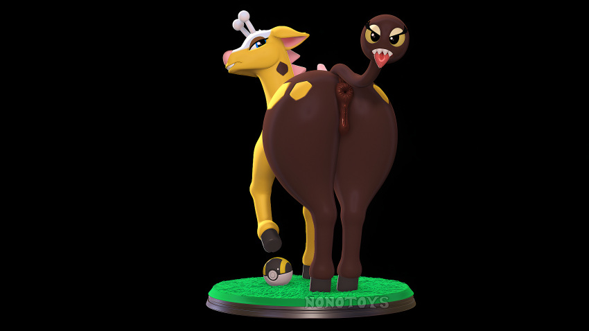 3d_(artwork) absurd_res anus black_background digital_media_(artwork) female feral generation_2_pokemon genitals girafarig giraffe giraffid grass hi_res living_tail looking_at_viewer looking_back mammal nintendo nonotoys pinup plant pokeball pokemon pokemon_(species) pose puffy_anus pussy quadruped simple_background solo tail tail_head tongue tongue_out ultra_ball unusual_anatomy unusual_tail