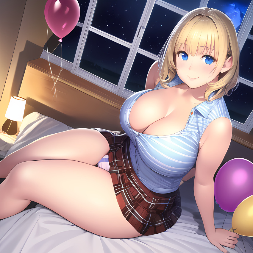 1girls ai_generated ashley_graham ashley_graham_(ella_freya) balloon bed bedroom blonde_hair blue_eyes button_down_shirt capcom curvaceous curvy curvy_female curvy_figure from_above huge_breasts large_breasts medium_hair miniskirt night novelai open_shirt panties pantyshot pantyshot_(sitting) pov resident_evil resident_evil_4 skirt smile smiling smiling_at_viewer window