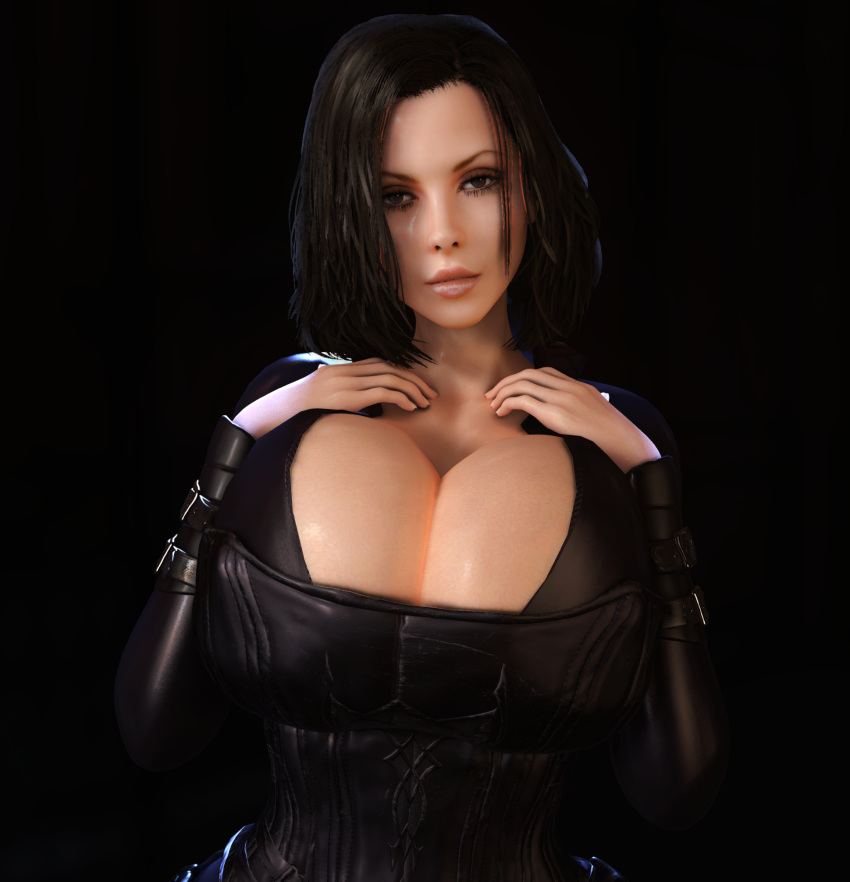 1girls 3d 3d_(artwork) alternate_breast_size barely_contained black_bodysuit black_hair bodysuit boob_window breasts breasts_bigger_than_head cleavage corset female female_only gigantic_breasts hands_above_breasts hands_on_breasts hourglass_figure huge_breasts kate_beckinsale looking_at_viewer selene_(underworld) small_waist solo solo_female thin_waist top_heavy underworld vaako vampire vampire_girl wide_hips