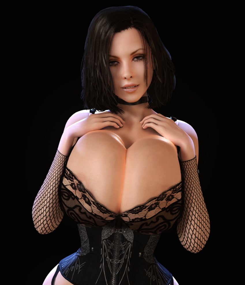 1girls 3d 3d_(artwork) alternate_breast_size black_bra black_hair black_lingerie bra breasts breasts_bigger_than_head corset female female_only gigantic_breasts hourglass_figure huge_breasts kate_beckinsale lingerie looking_at_viewer selene_(underworld) small_waist solo solo_female thin_waist top_heavy underworld vaako vampire vampire_girl wide_hips