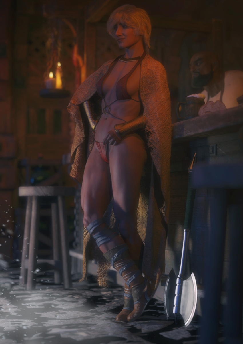 3d abs amazon barbarian blonde_hair dungeons_and_dragons elf geterafromfaerun half-elf half_elf muscular muscular_female tagme tavern yolande_(geterafromfaerun)