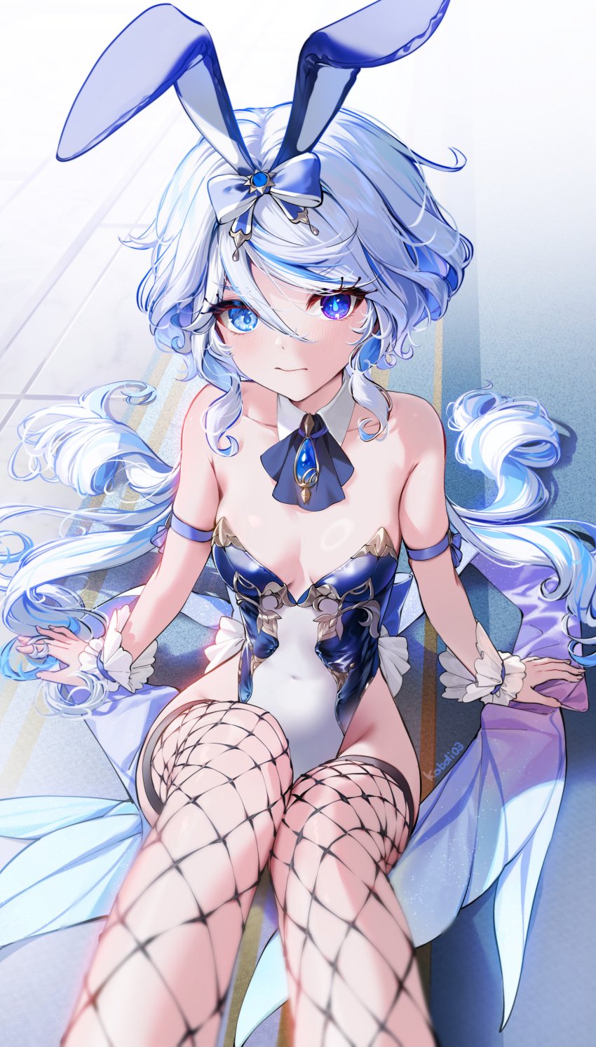 1girls absurdres ahoge alternate_costume animal_ears aqua_hair arm_strap arm_support artist_name ascot bare_shoulders blue_ascot blue_bow blue_brooch blue_eyes blue_gemstone blue_hair blue_leotard blush bow breasts bunny_ears bunny_girl bunnysuit closed_mouth collarbone colored_inner_hair commentary_request covered_navel cowboy_shot detached_collar detached_sleeves drop-shaped_pupils fishnet_thighhighs fishnets furina_(genshin_impact) gem genshin_impact groin hair_between_eyes hairbow heterochromia highleg highleg_leotard highres kkopoli knee_up leotard long_hair looking_at_viewer medium_breasts mismatched_pupils multicolored_hair outdoors playboy_bunny rabbit_ears reclining road scrunchie sidelocks simple_background sitting sleeveless solo strapless strapless_leotard street thighhighs two-tone_leotard wavy_hair white_hair white_leotard wrist_scrunchie