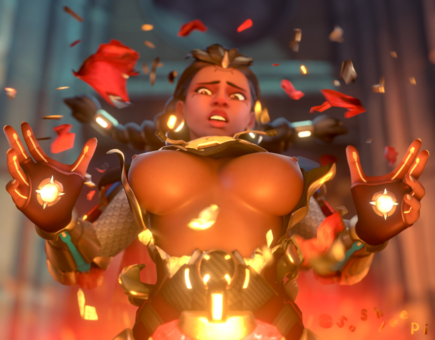 1girls 3d accidental_exposure armor_break bad_luck blender braided_hair breasts breasts_apart breasts_out brown_skin hard_nipples illari_(overwatch) illari_quispe_ruiz latina overwatch overwatch_2 peruvian_female soshleepi surprised