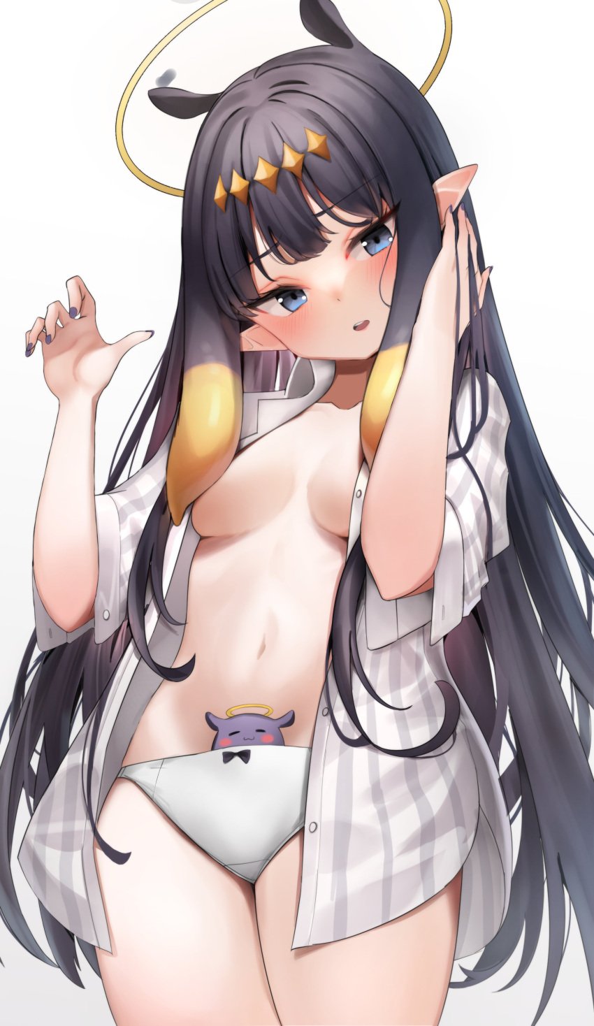 absurdres black_hair blue_eyes blush breasts female halo highres hololive hololive_english hololive_myth long_hair medium_breasts midriff nail_polish navel ninomae_ina'nis open_clothes open_shirt panties parted_lips pointy_ears purple_nails scarlet_(wv0102) simple_background solo takodachi_(ninomae_ina'nis) tentacle_hair underwear virtual_youtuber white_background white_panties