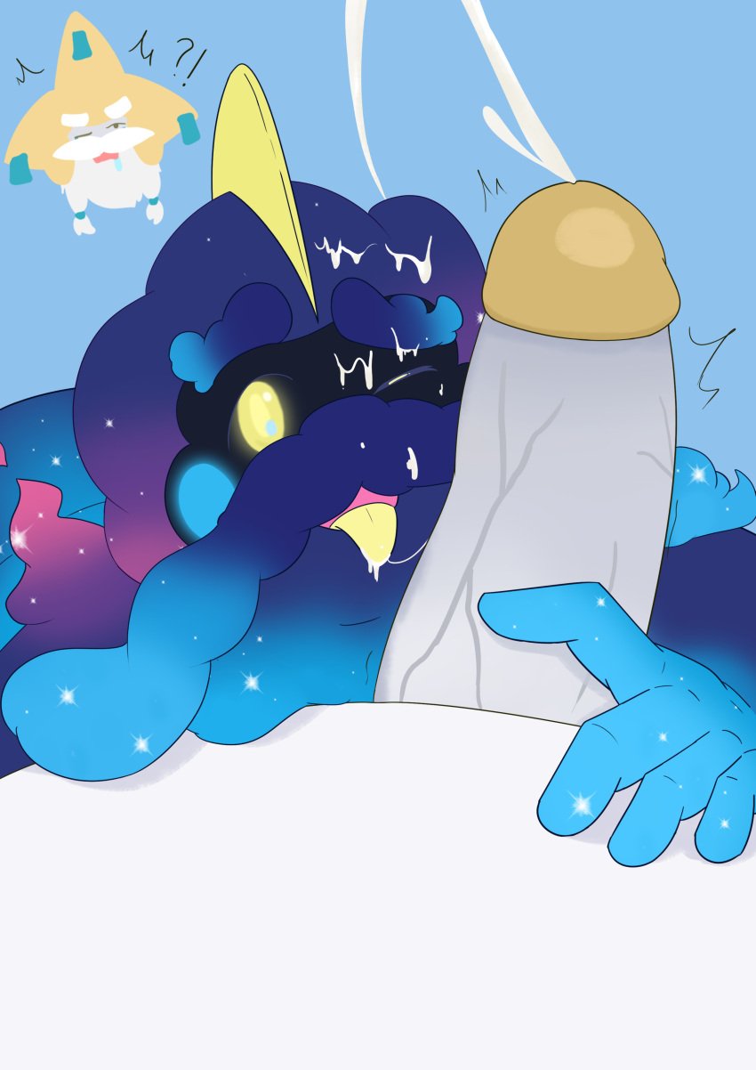 anthro anthro_on_anthro bakablue bara beard big_penis chubby_male cosmog cum_on_face cumshot daddy gay gay_blowjob jirachi male_only pokémon_(species) pokemon pokemon_(species) sleeping veiny_penis