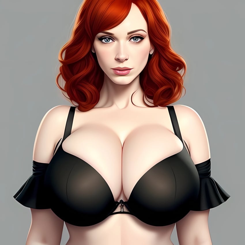 ai_generated big_breasts blue_eyes bra breasts celebrity christina_hendricks cleavage female female_only grey_background large_breasts lips long_hair pale_skin real_person red_hair solo solo_female