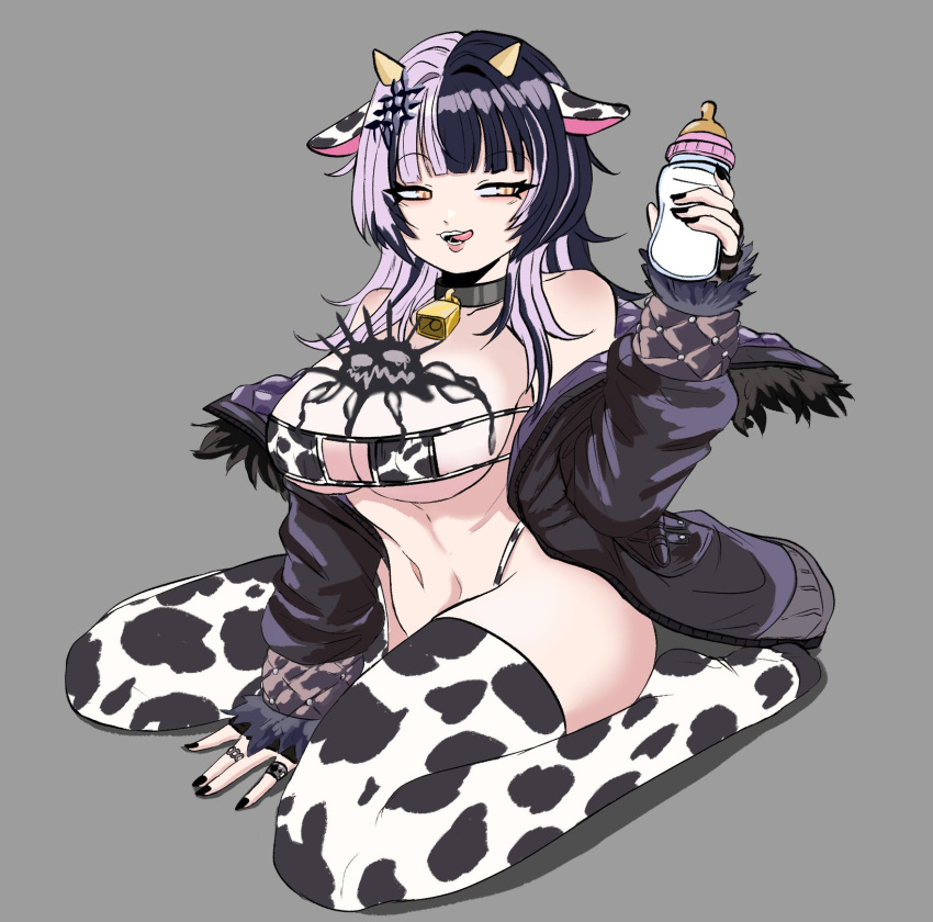 big_breasts bottle cow_girl cow_print cowbell hololive hololive_english hololive_english_-advent- horn jacket licking_lips painted_nails paulozadias shiori_novella tagme thighhighs tongue two_tone_hair virtual_youtuber yellow_eyes