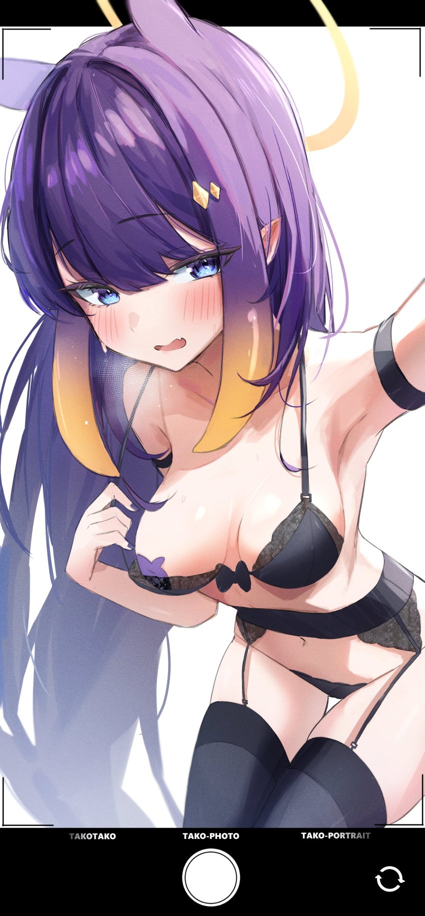 absurdres alternate_breast_size animal_ears armpits black_bra black_panties blue_eyes blush bra bra_pull breasts censored censored_nipples clothes_pull female hair_ornament halo highres hololive hololive_english hololive_myth long_hair medium_breasts navel ninomae_ina'nis oerba_yun_fang open_mouth panties pointy_ears pulled_by_self purple_hair ruru_nnnn solo taking_picture takodachi_(ninomae_ina'nis) tentacle_hair thigh_strap thighhighs thighs underwear underwear_only virtual_youtuber