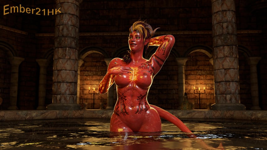 2k 3d 3d_(artwork) areolae baldur's_gate baldur's_gate_3 bathhouse blender blender_(software) blender_cycles burn_scar dungeons_and_dragons ember21hk female female_focus female_only forgotten_realms hands_behind_head horn horns karlach naked naked_female nude nude_female piercings pointy_ears red_body red_skin scar tail tiefling tiefling_girl water wet_body