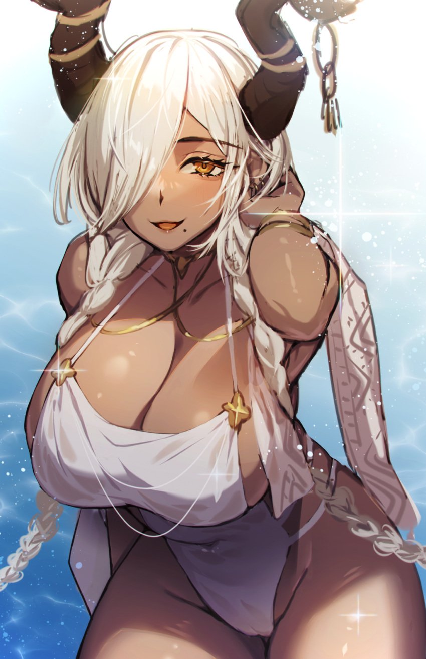 1girls arm_behind_head asymmetrical_bangs azur_lane bracelet braid breasts brown_horns cameltoe cleavage covered_navel dark-skinned_female dark_skin earrings female hair_over_one_eye highleg highleg_swimsuit highres horn_ornament horns jewelry large_breasts leotard long_bangs long_hair looking_at_viewer low_twin_braids maitei_roppa mole mole_under_mouth necklace one-piece_swimsuit one_eye_covered open_mouth orange_eyes owari_(azur_lane) owari_(shimmering_forsythia)_(azur_lane) revealing_clothes sakura_empire_(azur_lane) smile solo swimsuit twin_braids very_long_hair water white_hair white_one-piece_swimsuit