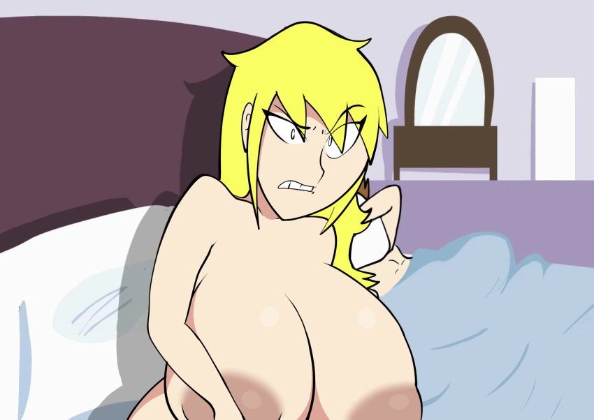 1boy 1girls areole bed bedroom big_breasts bingusbongosss breasts canonical_scene edit edited female indoors long_hair looking_at_viewer lyle_mcdouchebag male naked naked_female nina_(sni) nude nude_female sanity_not_included upper_body