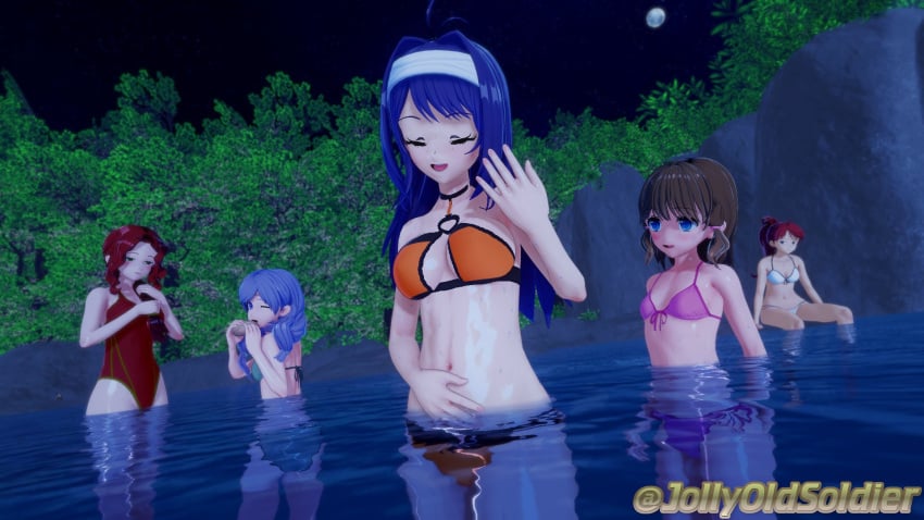 3d 5girls alternate_costume ass bare_midriff bare_thighs bath big_ass bikini blue_eyes blue_hair braid braided_ponytail breasts brown_hair cleavage female female_only fire_emblem fire_emblem:_path_of_radiance fire_emblem_heroes full_moon green_bikini green_eyes green_swimsuit group_bathing hair_over_shoulder headband ilyana_(fire_emblem) jill_(fire_emblem) jollyoldsoldier large_breasts long_hair medium_breasts medium_hair mia_(fire_emblem) mia_(summer)_(fire_emblem) midriff mist_(fire_emblem) moon multiple_girls navel nintendo official_alternate_costume one-piece_swimsuit one_eye_closed open_mouth orange_bikini orange_swimsuit outdoors partially_submerged pink_bikini pink_swimsuit pond ponytail purple_eyes purple_hair red_hair red_one-piece_swimsuit red_swimsuit short_hair sideboob sitting small_breasts smile swimsuit thighs titania_(fire_emblem) water wet white_bikini white_swimsuit