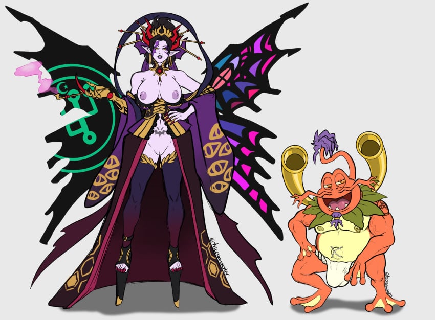 1boy 1girls 2_wings beauty_mark black_hair breasts breasts_out butterfly_wings crest_of_lust crests_(digimon) demon demon_girl digimon digimon_(species) earrings fat_man female frog hand_on_hip headdress hi_res horns innie_pussy kiseru large_breasts larger_female lilithmon lilithmon_x lipstick long_fingernails looking_at_viewer male muscular_male nipples open_toe_shoes pale_skin pointy_ears pubic_tattoo purple_lipstick pussy shaved_pussy shogungekomon size_difference smaller_male smoking stockings t-rexmonster tattoo_on_belly toenail_polish toenails tonosamagekomon ugly_man wings x-digimon x_antibody yellow_eyes