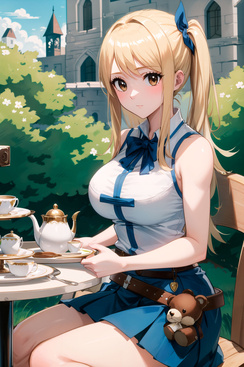 ai_generated blonde_hair blush brown_eyes chair clothing fairy_tail lucy_heartfilia outdoors outside sitting skirt table tea_cup tea_pot