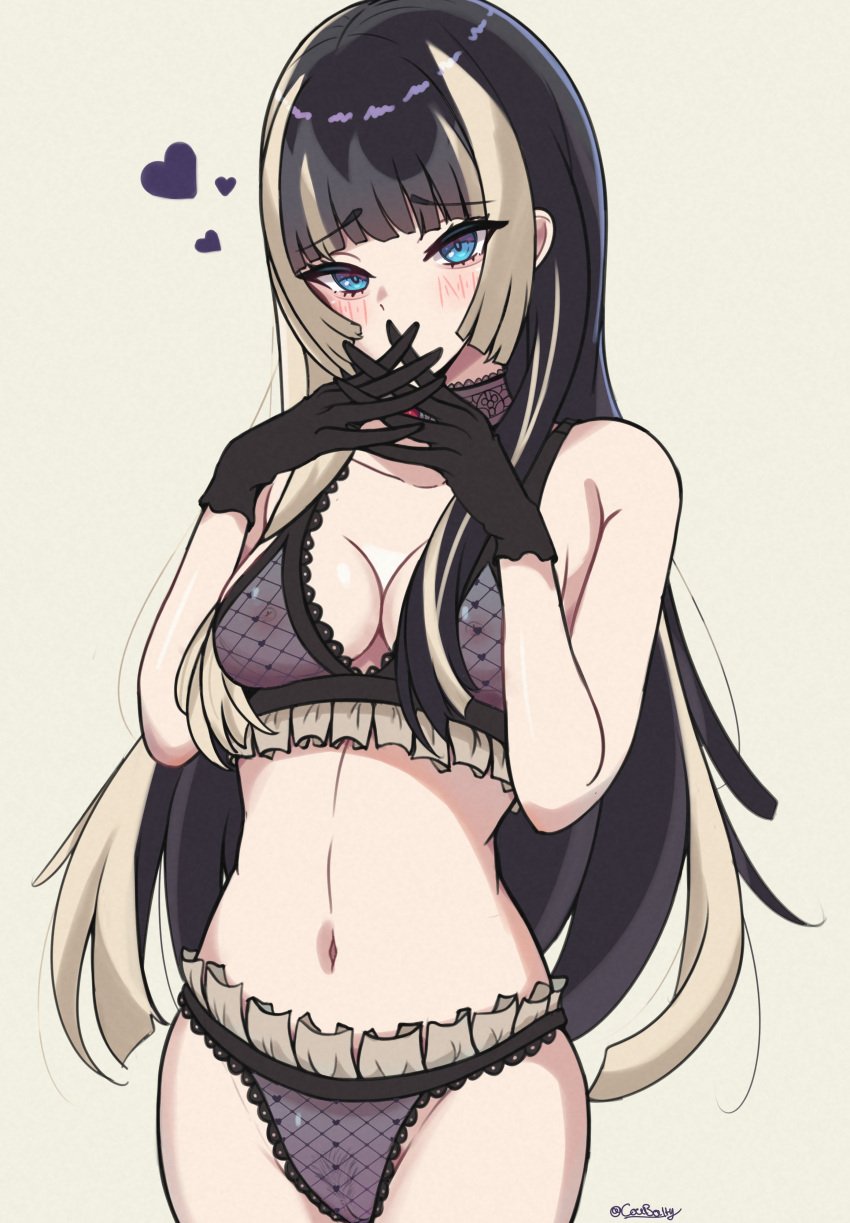 1girls absurdres black_hair blue_eyes blunt_bangs choker coubalty female_pubic_hair gloves grey_hair highres hololive hololive_dev_is hololive_regloss juufuutei_raden lace lace_choker lingerie long_hair looking_at_viewer multicolored_hair nipples pubic_hair pussy regloss solo two-tone_hair uncensored underwear virtual_youtuber