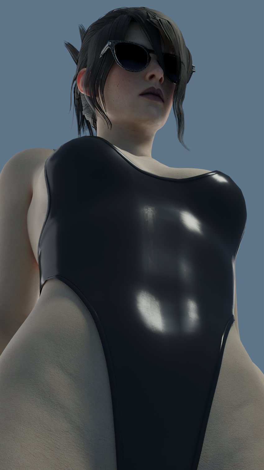 1girls 3d black_hair breasts desess3intes female female_only from_below looking_at_viewer morrigan_(dragon_age) pov render solo sunglasses swimsuit tagme tinted_eyewear