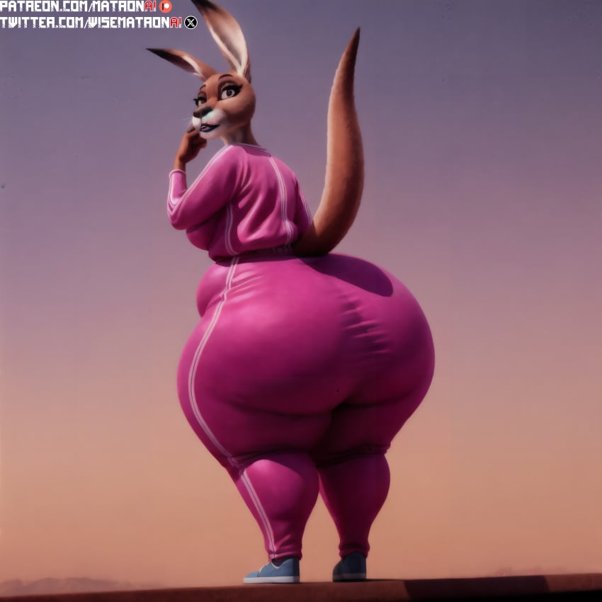 4k ai_generated anthro ass ass big_ass big_butt female female_anthro female_focus female_only furry highres huge_hips illumination_entertainment kangaroo kangaroo_mom_(sing) looking_at_viewer matronai_(artist) mature mature_female mature_woman patreon patreon_username pear-shaped_figure pink_outfit pinup sing_(movie) stable_diffusion tail thick thick_ass thick_thighs track_jacket track_pants twitter_username wide_hips