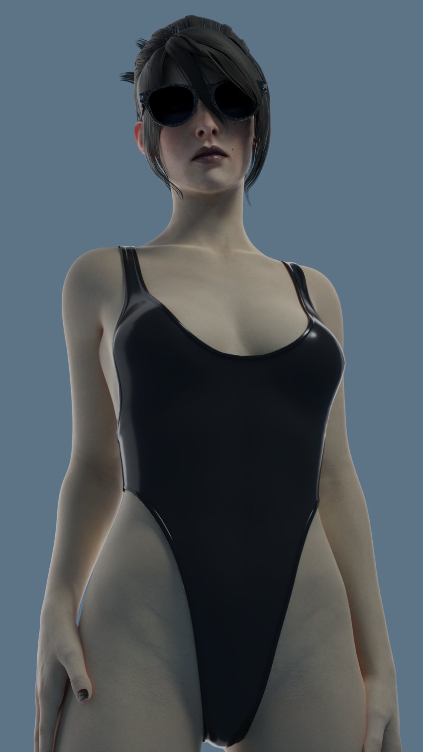 1girls 3d black_hair breasts desess3intes female female_only glasses morrigan_(dragon_age) render solo swimsuit