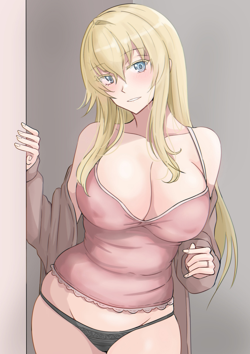 absurdres black_panties blonde_hair blue_eyes breasts brown_cardigan camisole cardigan cleavage cowboy_shot female grey_background highres kantai_collection ken_(shutenndouji1) large_breasts long_hair looking_at_viewer panties pink_camisole solo underwear warspite_(kantai_collection)