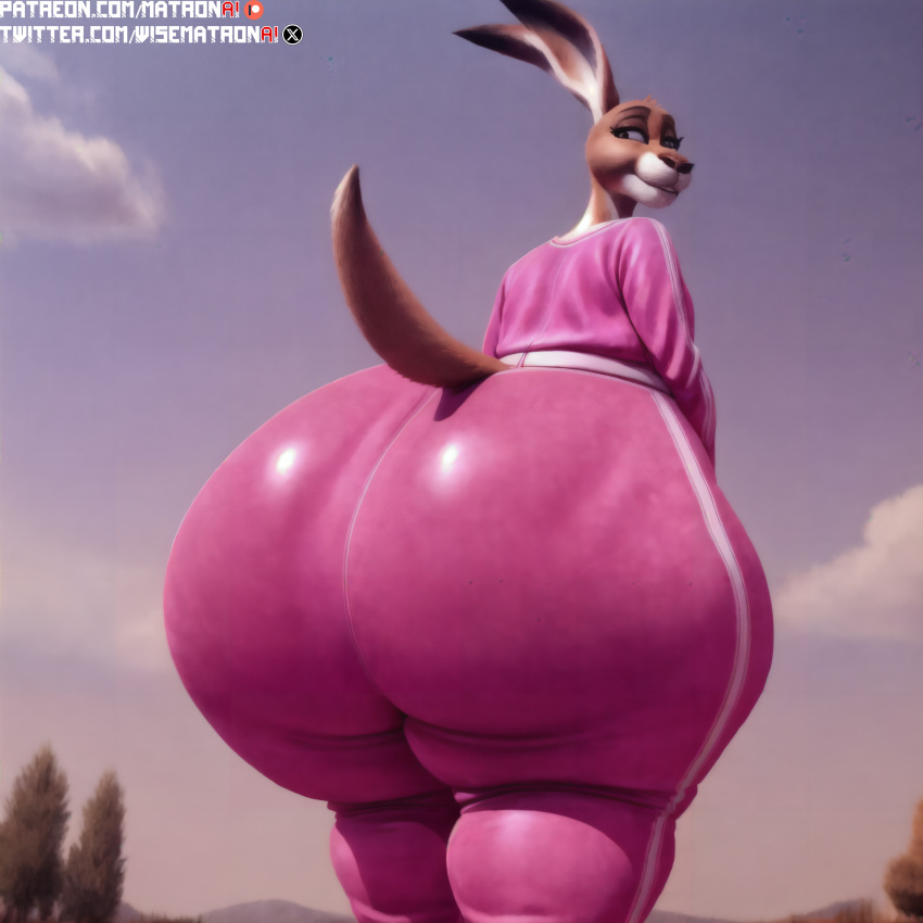 4k ai_generated anthro ass big_ass big_butt female female_anthro female_focus female_only furry highres huge_hips illumination_entertainment kangaroo kangaroo_mom_(sing) looking_at_viewer matronai_(artist) mature mature_female mature_woman patreon patreon_username pear-shaped_figure pink_outfit pinup sing_(movie) stable_diffusion tail thick thick_ass thick_thighs track_jacket track_pants twitter_username wide_hips