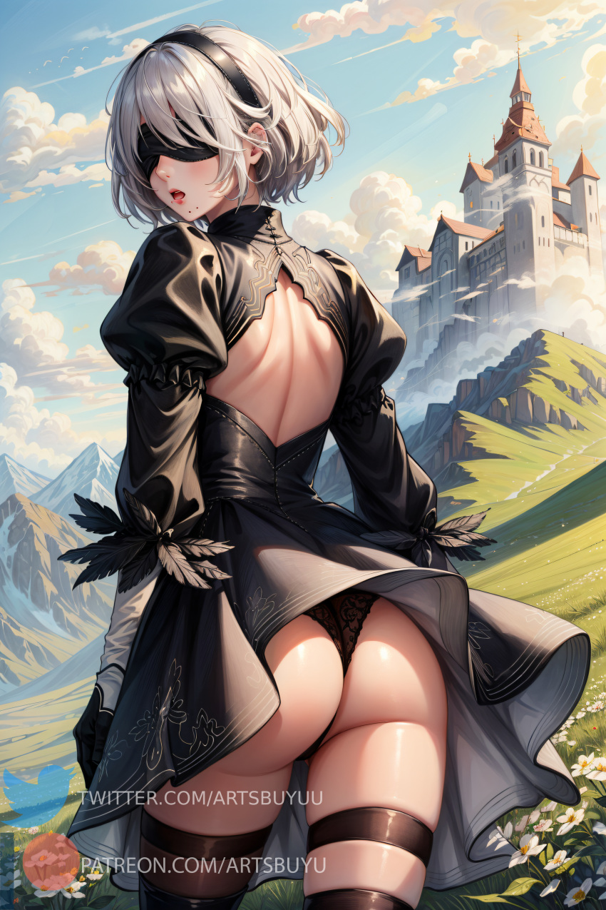 1girls ai_generated artsbuyu ass ass_focus bangs black_dress black_legwear black_panties black_thighhighs blindfold blush dress embarrassed from_behind gloves hair_between_eyes hair_ornament hairband headband hi_res legwear long_sleeves looking_at_viewer looking_back medium_breasts nier nier:_automata nier_(series) open_mouth panties short_hair sidelocks silver_hair stable_diffusion standing thighhighs white_hair yorha_2b