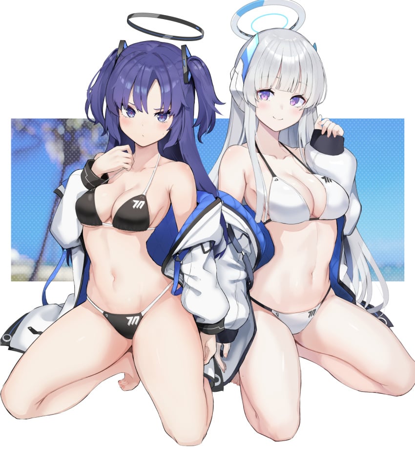 2girls artist_request barefoot bikini black_and_blue_halo black_bikini blue_and_white_halo blue_archive blue_eyes blush breasts cleavage closed_mouth collarbone grey_hair halo headphones highres isegawa_yasutaka jacket kneeling large_breasts long_hair long_sleeves looking_at_viewer mechanical_halo millennium_science_school_logo_(blue_archive) millennium_science_school_student multiple_girls navel noa_(blue_archive) purple_eyes purple_hair seminar_(blue_archive) sidelocks smile swimsuit tagme_(artist) two-sided_fabric two-sided_jacket two_side_up very_long_hair white_bikini white_jacket yuuka_(blue_archive)