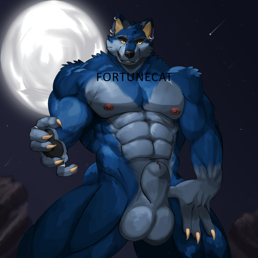 abs animal_genitalia anthro balls barazoku big_sheath canid canine canine_sheath canis claws fortunecat fully_sheathed genitals hand_pawpads handpaw hi_res light male mammal moonlight muscular paws pecs penis sack sheath solo tozias_silverfang were werecanid werecanine werewolf wolf