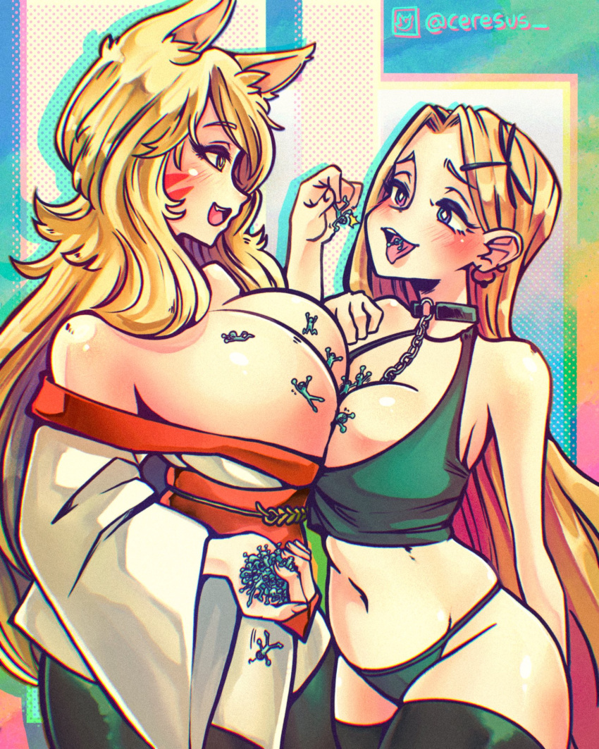 2girls animal_ears anime_style big_breasts blonde_hair blue_background blush bra breasts ceresus feeding fingers giantess green_shirt hands holding long_hair macrophilia multiple_girls orange_shirt shrunk shrunken tiny_person tongue tongue_out twitter vore