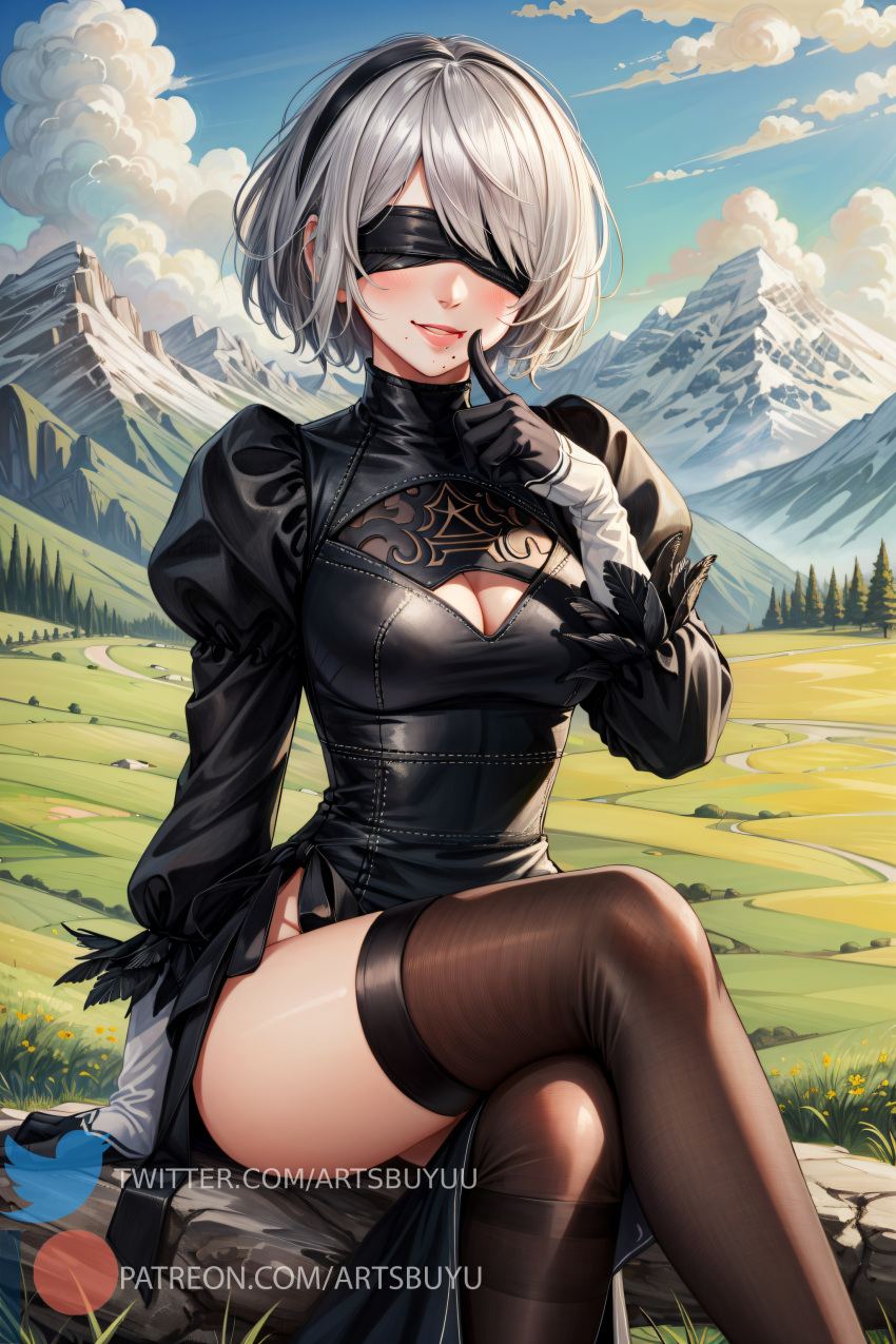 1girls ai_generated artsbuyu bangs black_dress black_legwear black_thighhighs blindfold blush crossed_legs dress embarrassed finger_to_mouth gloves hair_between_eyes hair_ornament hairband headband hi_res legwear long_sleeves looking_at_viewer medium_breasts naughty_face nier nier:_automata nier_(series) parted_lips short_hair sidelocks silver_hair sitting smile stable_diffusion thighhighs white_hair yorha_2b zettai_ryouiki