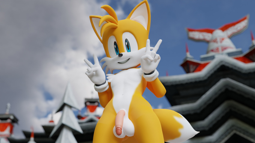 16:9 3d anthro balls canid canine digital_media double_peace_sign double_v femboy flaccid flaccid_penis fox genitals gesture hi_res looking_at_viewer low-angle_view male mammal nude peace_sign penis sega soft_penis solo sonic_(series) sonic_the_hedgehog_(series) tails twintails3d v_sign widescreen