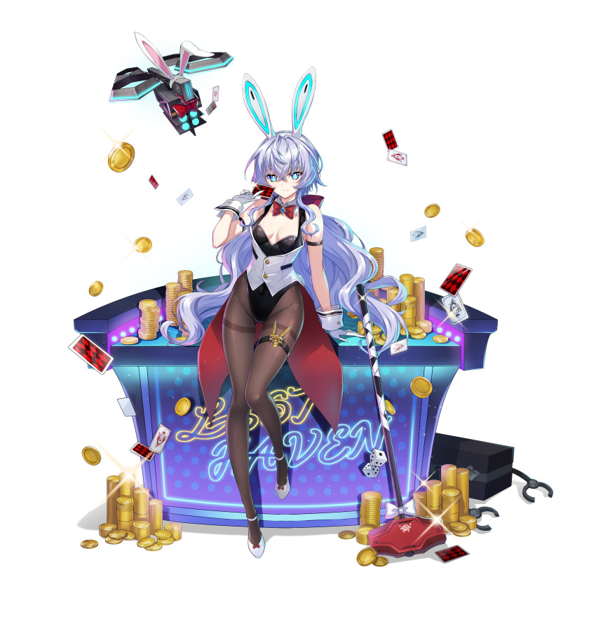 absurdres alpha_transparency alternate_costume animal_ears bare_shoulders black_pantyhose blue_eyes breasts card cleavage coin counter:side drone fake_animal_ears female full_body gloves highres holding holding_card horizon_(counter:side) leotard long_hair looking_at_viewer machine-g.a.p. official_alternate_costume official_art pantyhose playboy_bunny playing_card rabbit_ears robot tachi-e tagme transparent_background white_footwear white_gloves woodpecker_(counter:side)