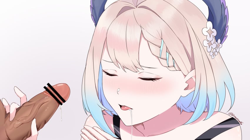 1boy 1girls after_fellatio blonde_hair blush blushing closed_eyes clothed cum cum_in_mouth dripping enna_alouette nijisanji nijisanji_en penis virtual_youtuber